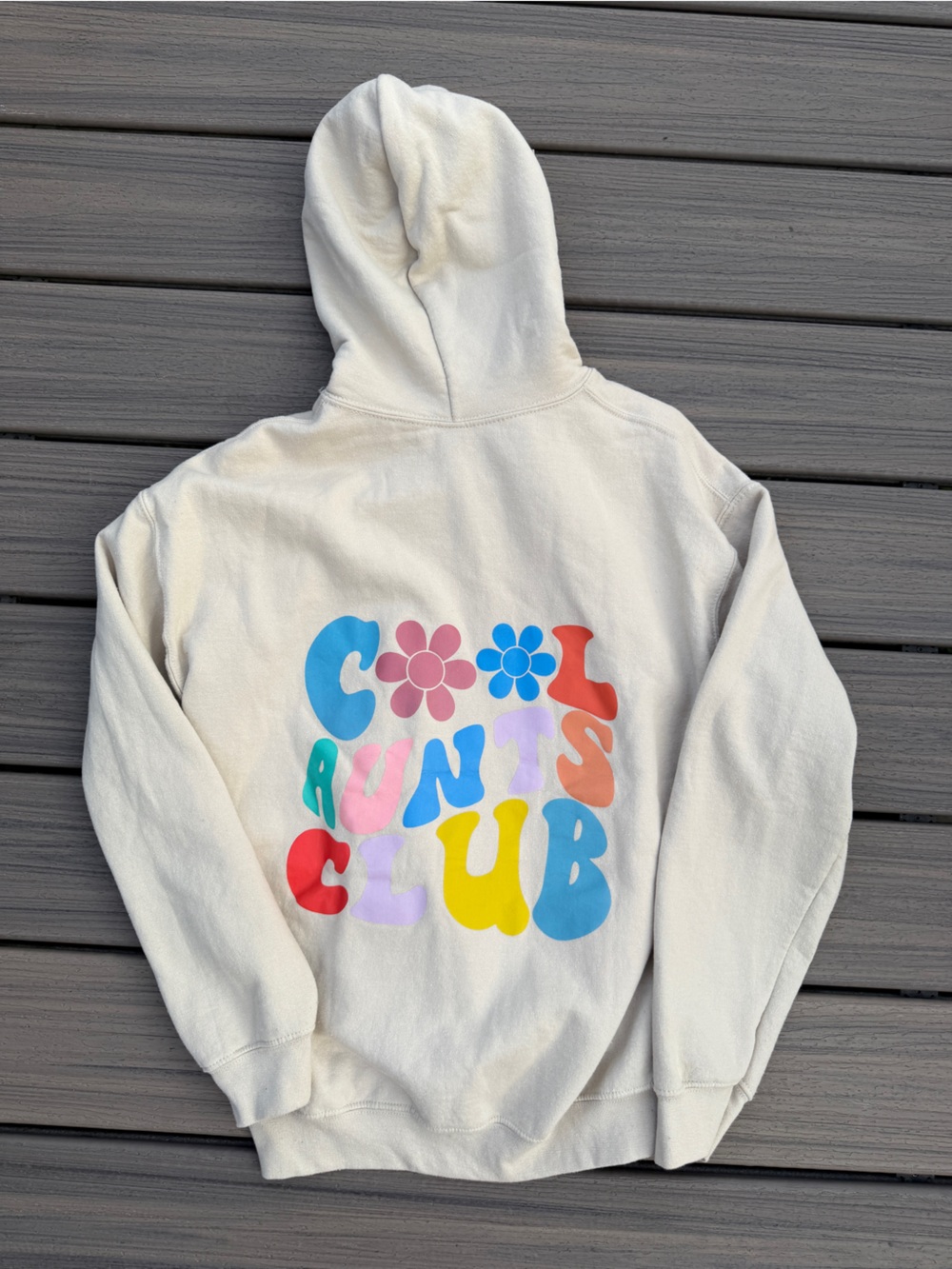 Gildan Cream Hoodie with Colorful Retro Floral Lettering - Cool Aunts Club